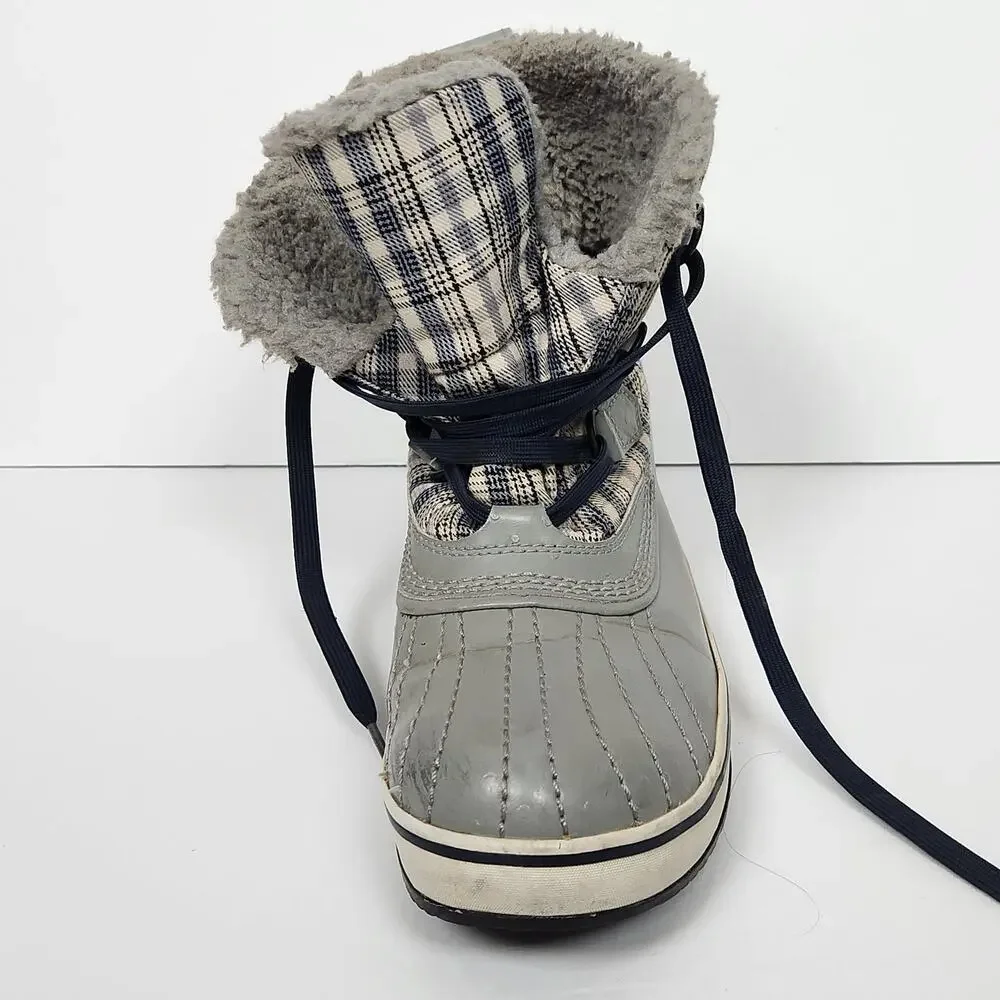Sorel Gray Plaid Snow Boots Womens Size 10 Waterproof Insulated Faux Fur